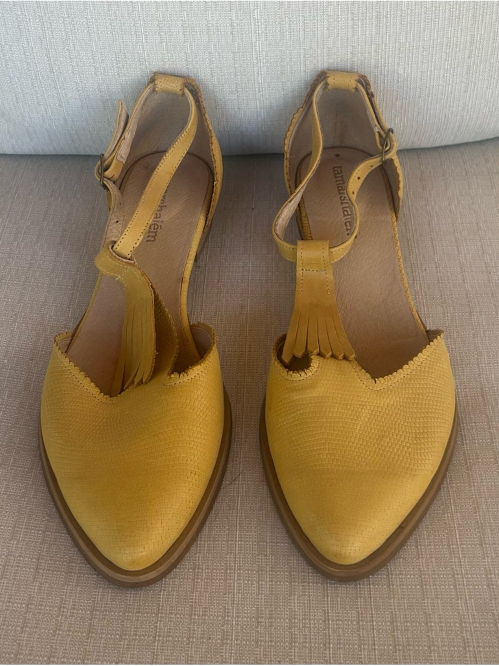 NWOB Tamar Shalem Yellow Leather Pointed-Ankle Strap Flats, size 11 (EU 42)
